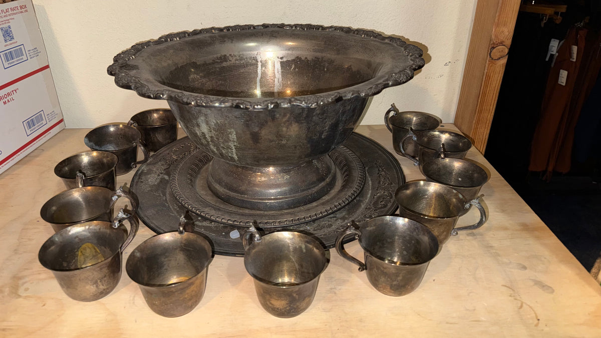 Silver Antique Punch Bowl with 12 cups