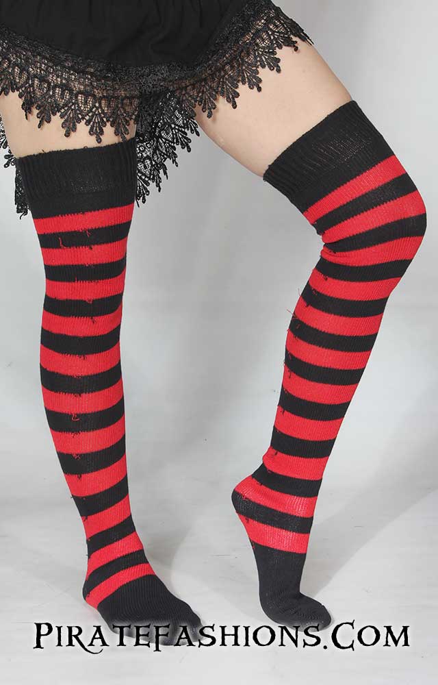 Striped Stockings Vertical Red and Black with Lace Top